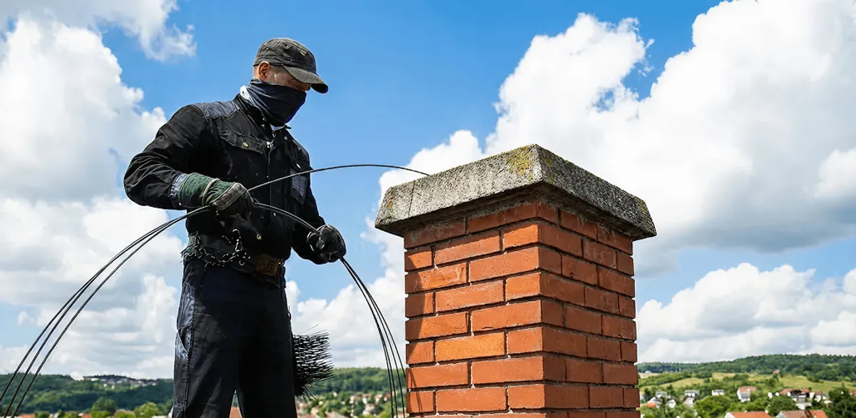 Chimney sweep cleaning a brick chimney with professional tools in Rochester, NY