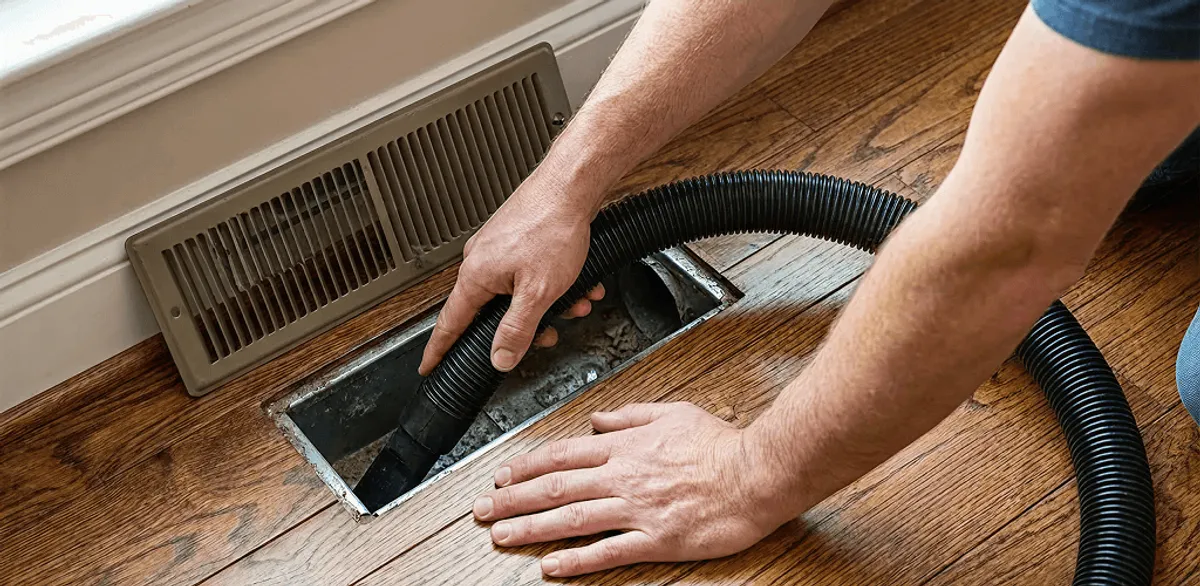 Air duct cleaning technician vacuuming a floor register and duct opening in Rochester, NY
